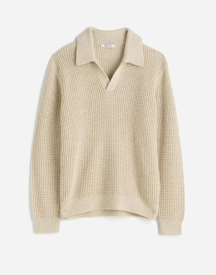Madewell JohnnyCollar Sweater Polo Shirt In Waffle Knit Heather Light Sand Men Shirts