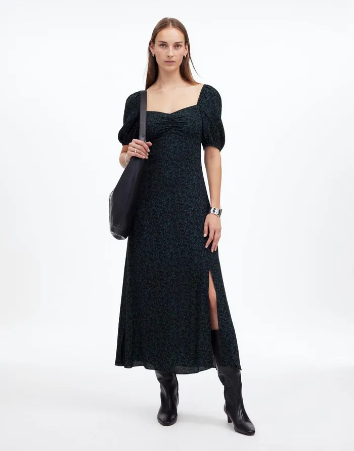 Madewell PuffSleeve Sweetheart Midi Dress Green Print Women Dresses