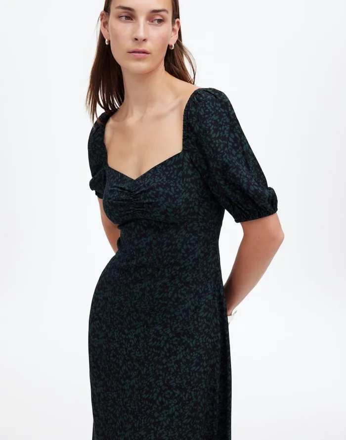 Madewell PuffSleeve Sweetheart Midi Dress Green Print Women Dresses