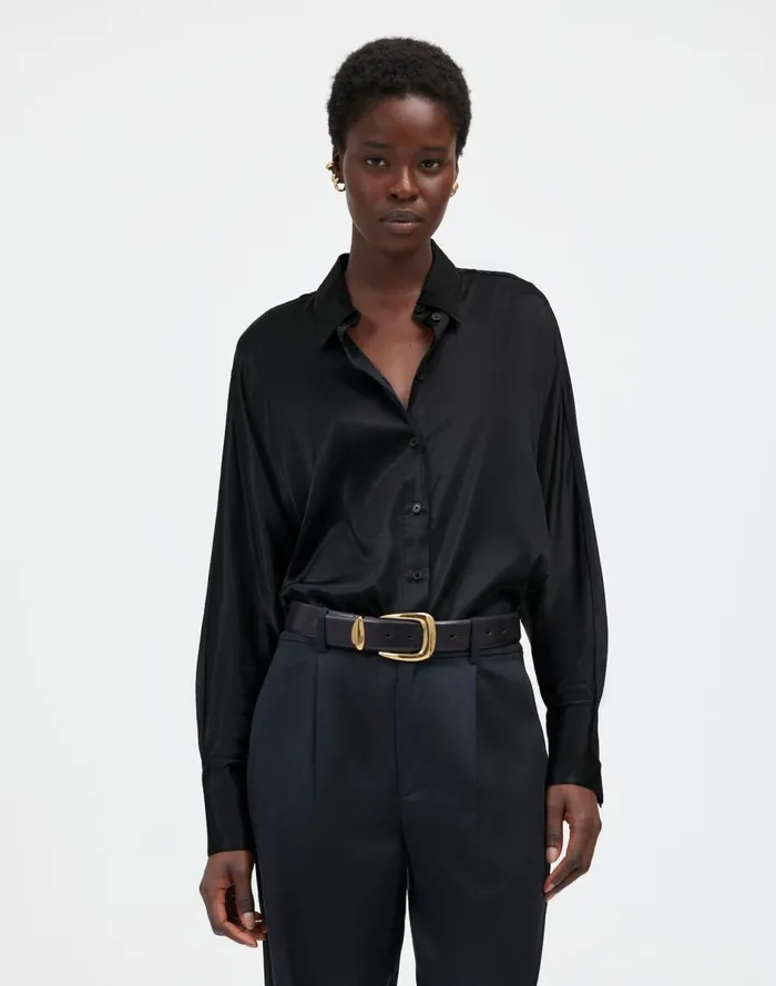 Madewell Relaxed Dolman ButtonUp Shirt In Satin True Black Women Tops and Shirts Madewell Relaxed Dolman ButtonUp Shirt In Satin True Black Women Tops and Shirts