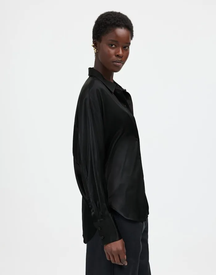 Madewell Relaxed Dolman ButtonUp Shirt In Satin True Black Women Tops and Shirts