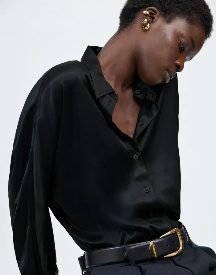 Madewell Relaxed Dolman ButtonUp Shirt In Satin True Black Women Tops and Shirts