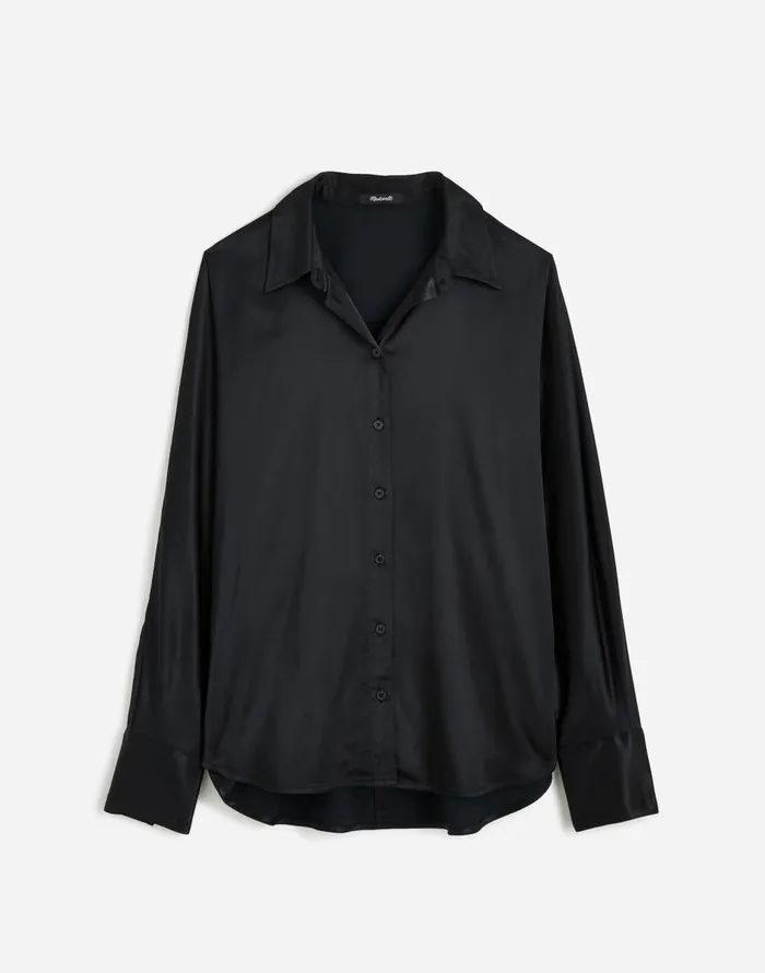 Madewell Relaxed Dolman ButtonUp Shirt In Satin True Black Women Tops and Shirts
