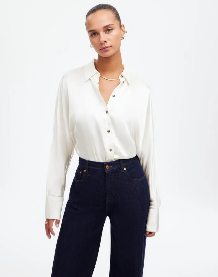 Madewell Relaxed Dolman ButtonUp Shirt In Satin Winter White Women Tops and Shirts