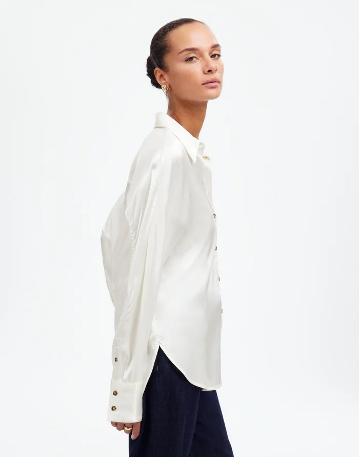 Madewell Relaxed Dolman ButtonUp Shirt In Satin Winter White Women Tops and Shirts