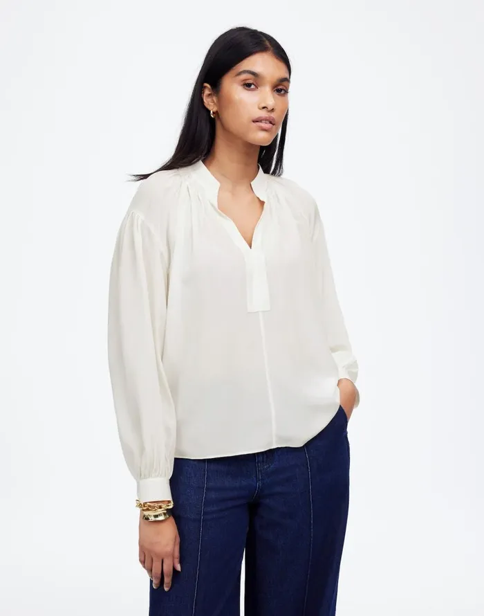 Madewell Shirred LongSleeve Top In Silk Winter White Women Tops and Shirts