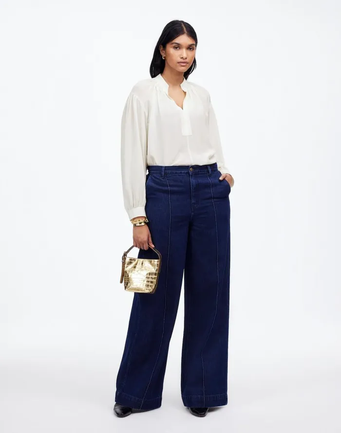 Madewell Shirred LongSleeve Top In Silk Winter White Women Tops and Shirts