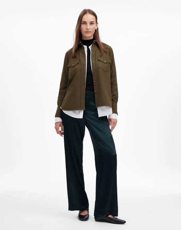 Madewell Western ButtonUp Shirt In Brushed Twill Dark Olive Melange Women Tops and Shirts Madewell Western ButtonUp Shirt In Brushed Twill Dark Olive Melange Women Tops and Shirts