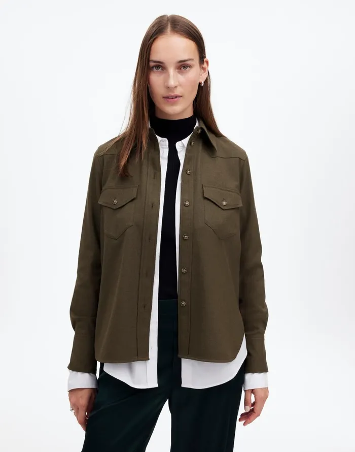 Madewell Western ButtonUp Shirt In Brushed Twill Dark Olive Melange Women Tops and Shirts