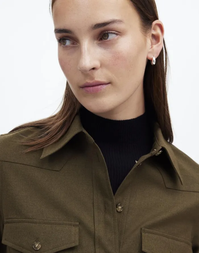 Madewell Western ButtonUp Shirt In Brushed Twill Dark Olive Melange Women Tops and Shirts