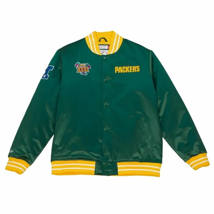 Men039s NFL Mitchell and Ness Heavyweight Satin Jacket Green Bay Packers