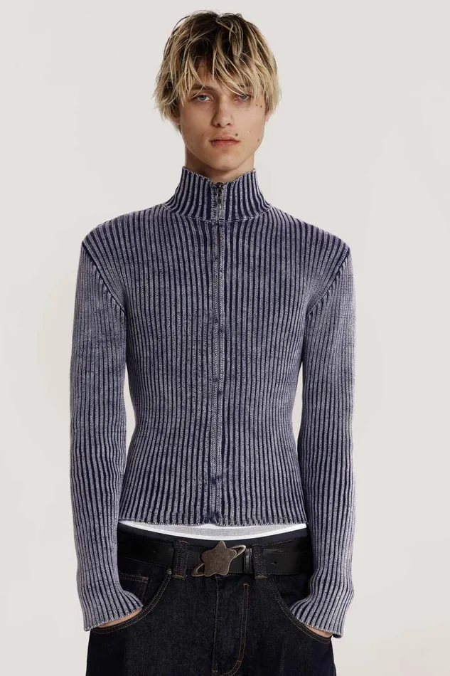 Men Blue Acid Rib Knit Track Top Jaded London Knitwear