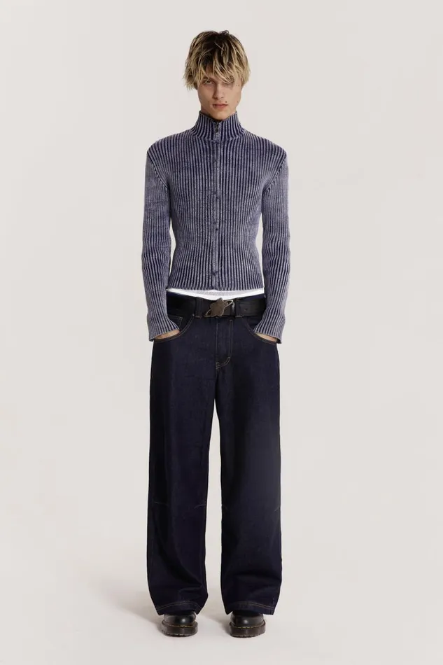 Men Blue Acid Rib Knit Track Top Jaded London Knitwear