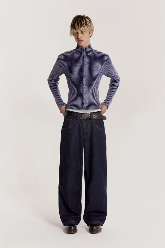 Men Blue Acid Rib Knit Track Top Jaded London Knitwear
