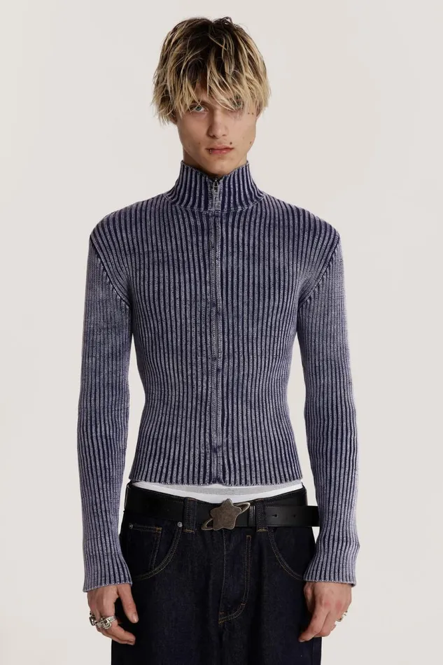 Men Blue Acid Rib Knit Track Top Jaded London Knitwear