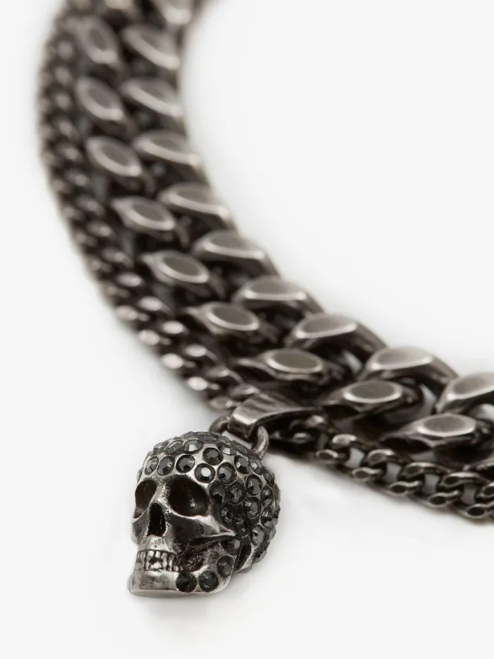 Men Bracelets Alexander McQueen Pave Skull Chain Bracelet Antique Silver