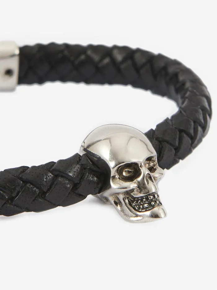 Men Bracelets Alexander McQueen Skull Leather Bracelet Black