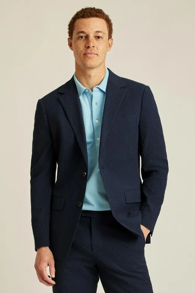 Men Italian Stretch Seersucker Suit Jacket Navy And Black Seersucker Bonobos Blazers and Sport Coats