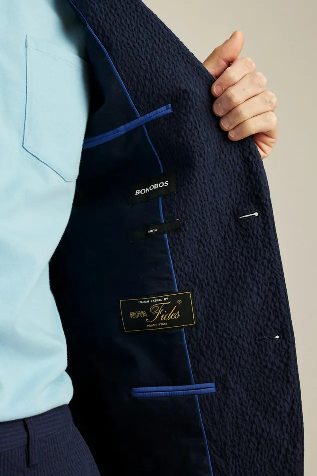 Men Italian Stretch Seersucker Suit Jacket Navy And Black Seersucker Bonobos Blazers and Sport Coats