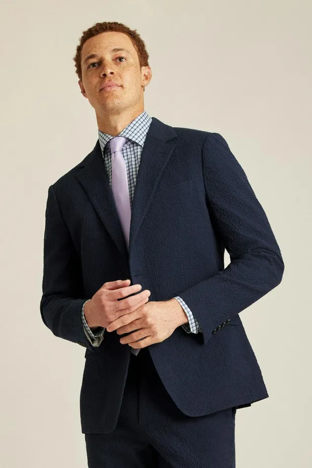 Men Italian Stretch Seersucker Suit Jacket Navy And Black Seersucker Bonobos Blazers and Sport Coats