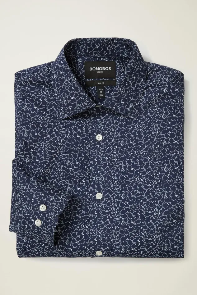 Men Jetsetter Stretch Dress Shirt Navy Steel Floral Bonobos Business Casual Shirts