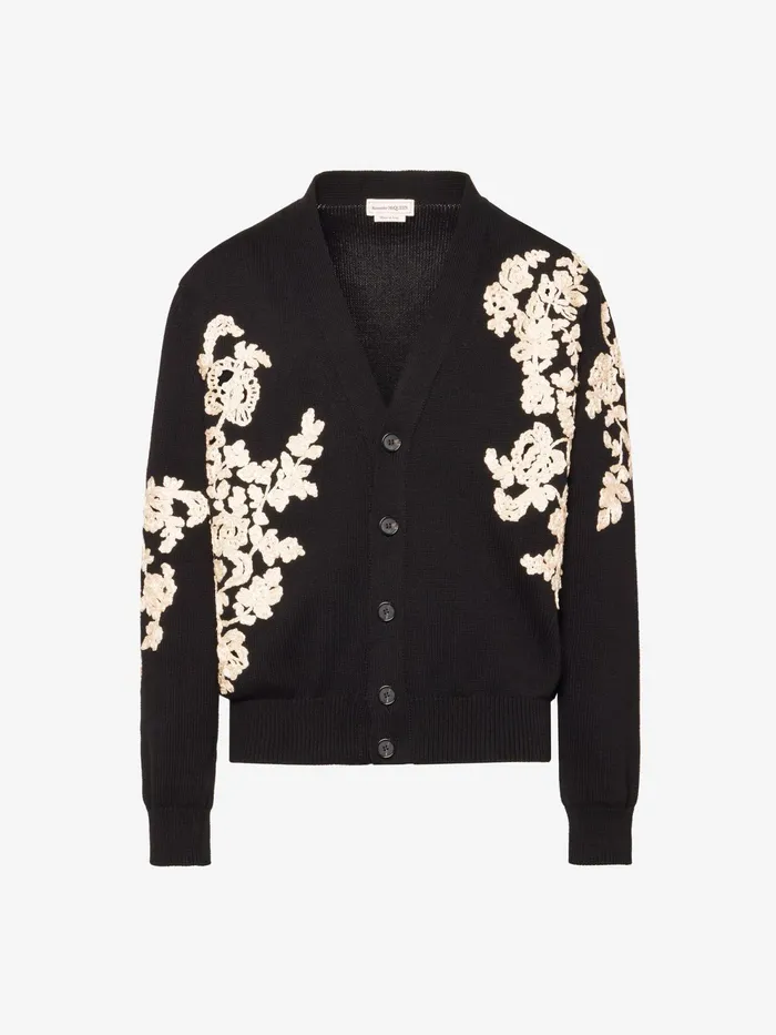 Men Knitwear Alexander McQueen Floral Embroidery Cardigan Blackivory