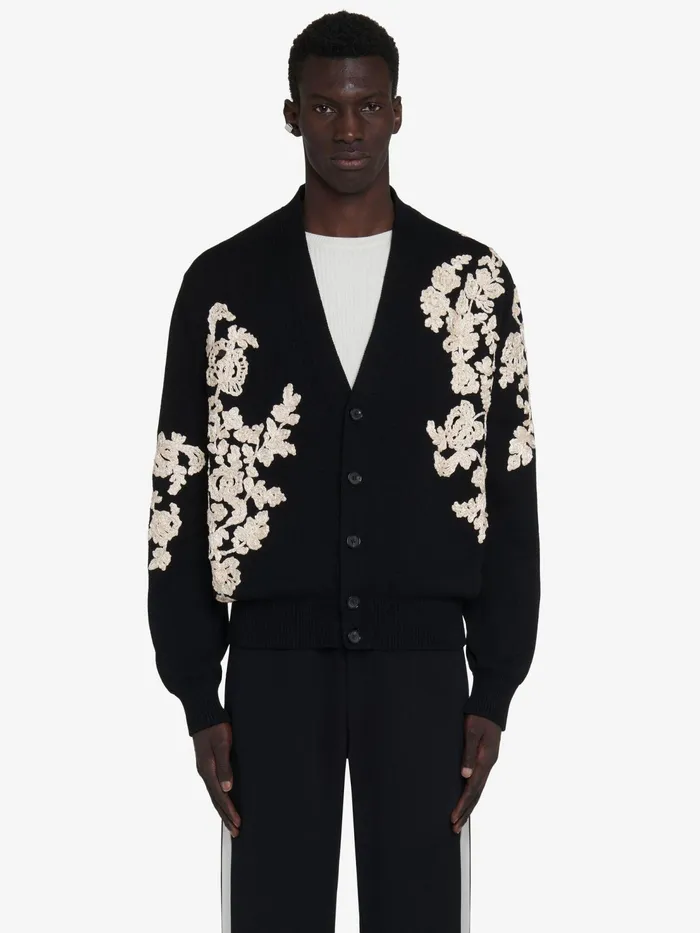 Men Knitwear Alexander McQueen Floral Embroidery Cardigan Blackivory