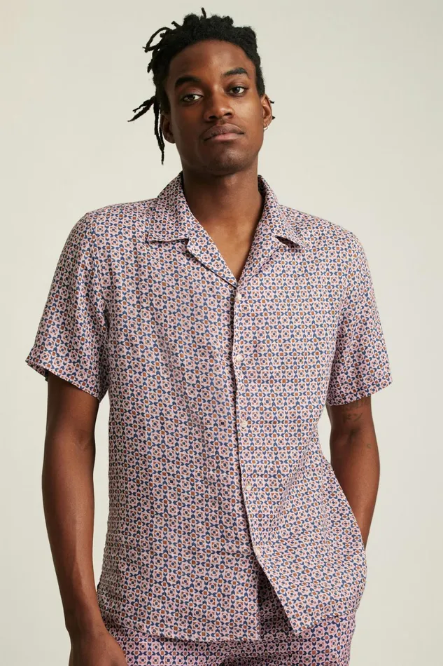 Men Linen Riviera Cabana Shirt Navy Pink Prism Geo Bonobos Casual Shirts