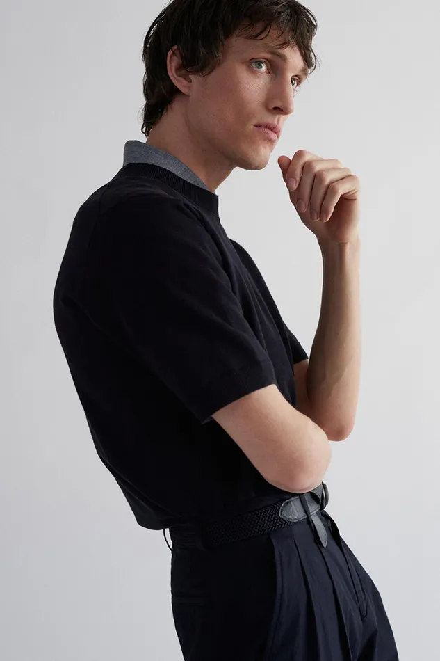 Men Norse Projects Knitwear Rhys Cotton Linen Tshirt Dark Navy