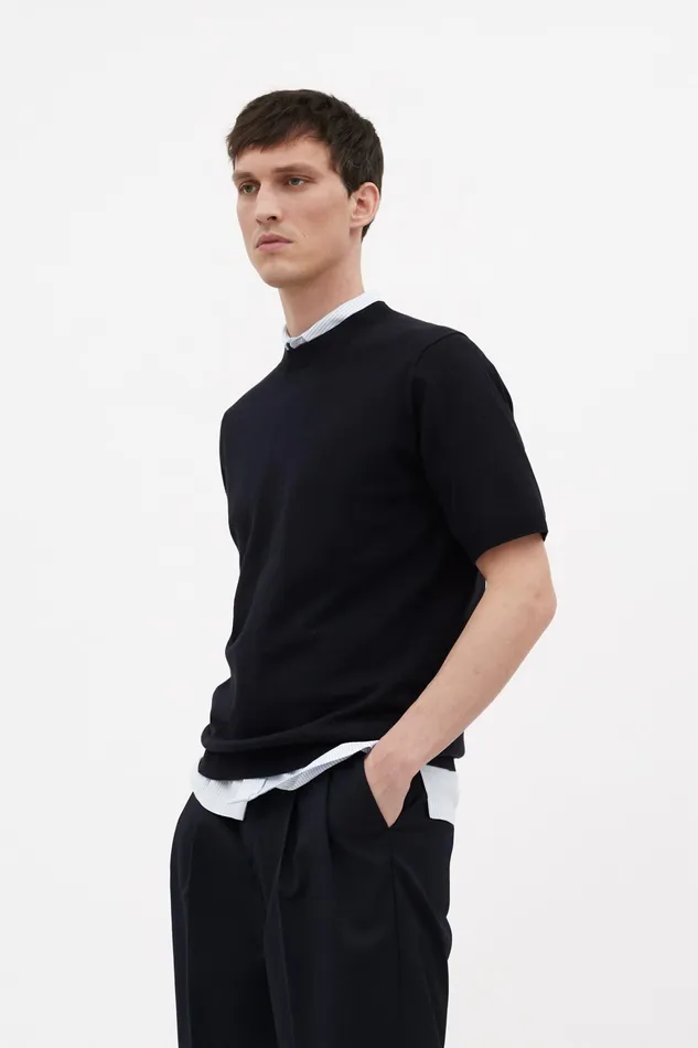 Men Norse Projects Knitwear Rhys Cotton Linen Tshirt Dark Navy