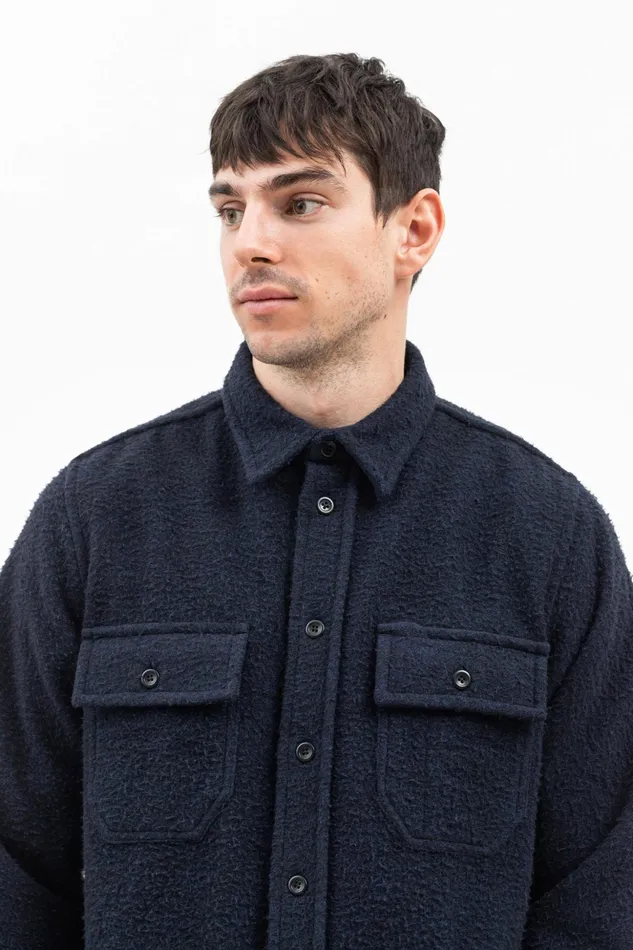 Men Norse Projects Overshirts Silas Textured Cotton Wool Overshirt Dark Navy
