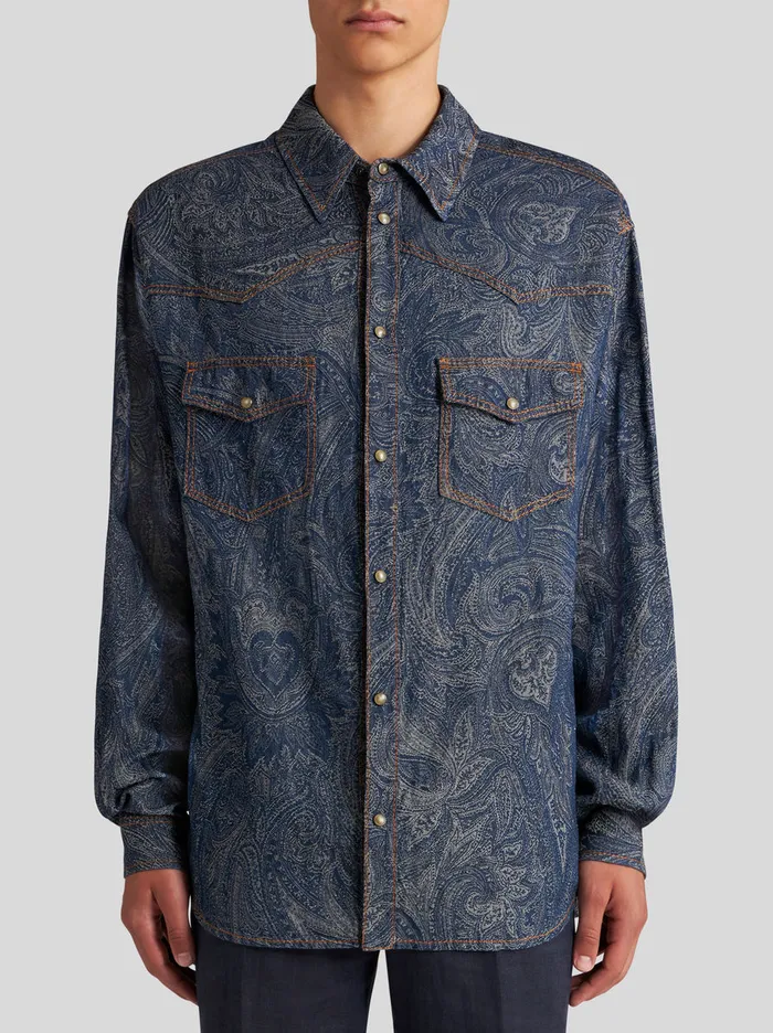 Men Paisley Denim Shirt Etro Shirts