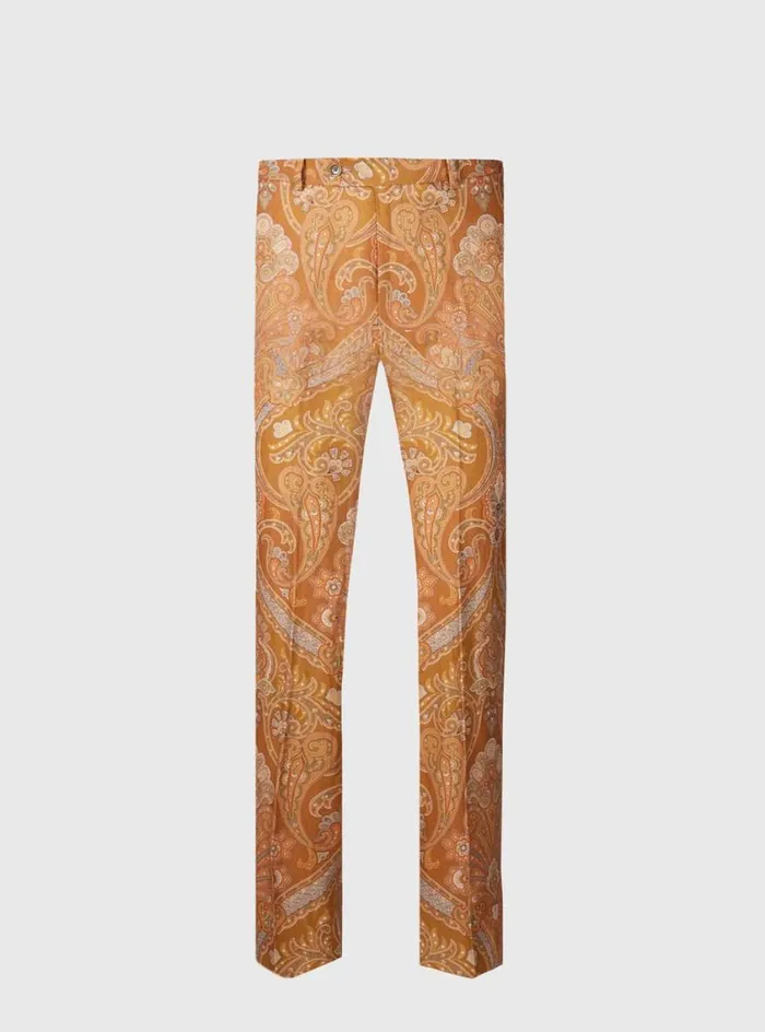 Men Paul Stuart Dress Pants Printed Paisley Linen Trouser Gold