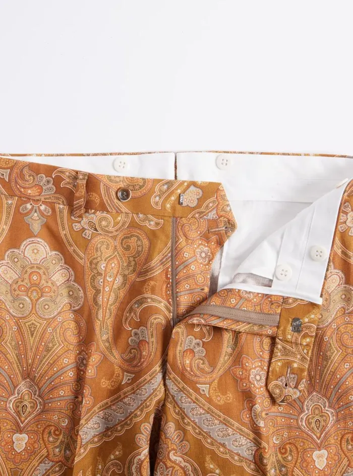 Men Paul Stuart Dress Pants Printed Paisley Linen Trouser Gold