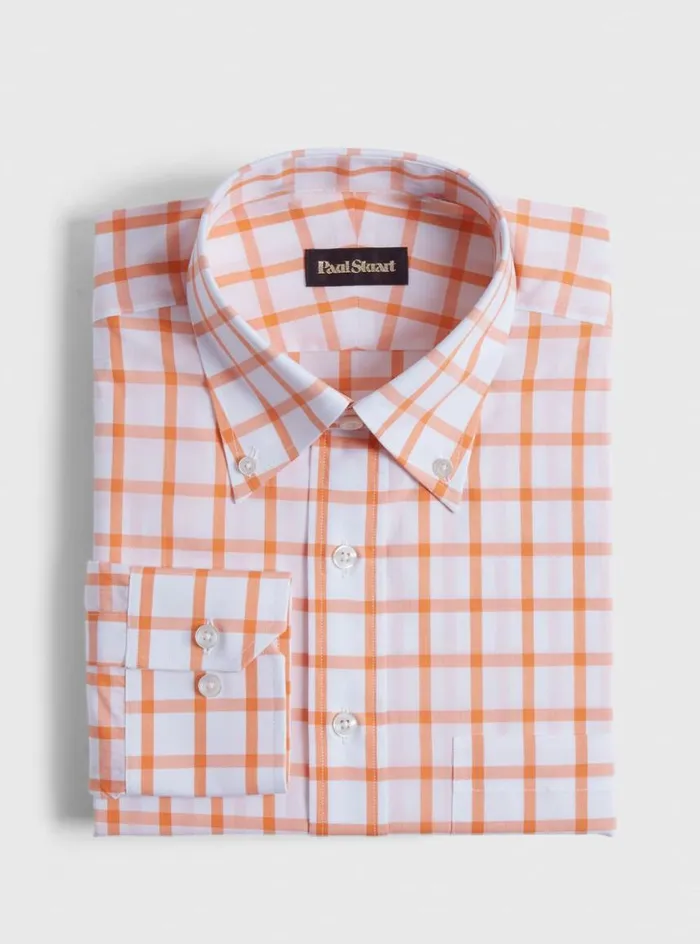 Men Paul Stuart Dress Shirts Oversized Windowpane Cotton Dress Shirt Orange