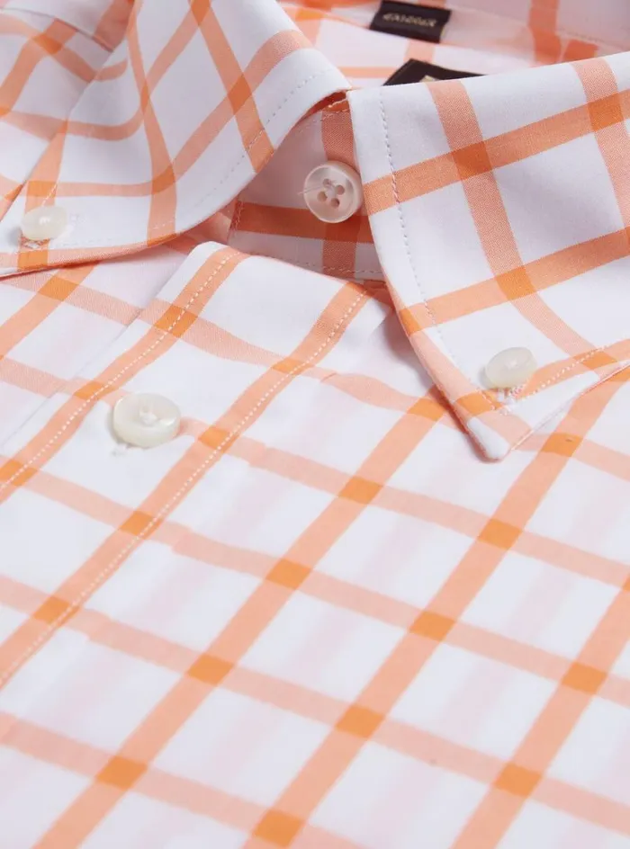 Men Paul Stuart Dress Shirts Oversized Windowpane Cotton Dress Shirt Orange