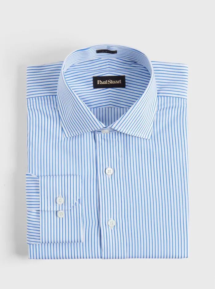 Men Paul Stuart Dress Shirts Stripe Slim Fit Dress Shirt Blue