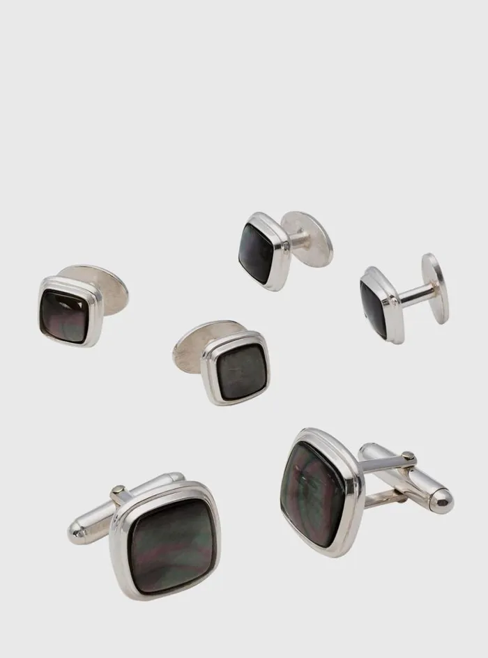 Men Paul Stuart Jewelry Square Smoked Mother Of Pearl and Sterling Silver Stud Set Silver Men Paul Stuart Jewelry Square Smoked Mother Of Pearl and Sterling Silver Stud Set Silver