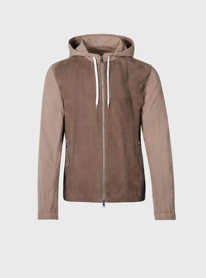 Men Paul Stuart Outerwear Suede Front Hooded Jacket Putty