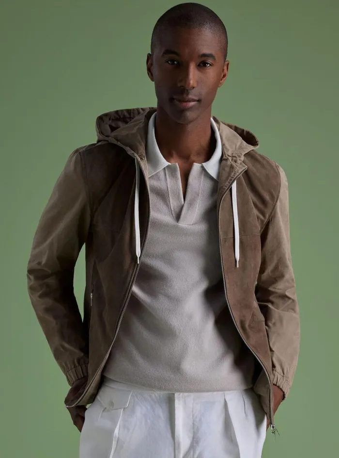 Men Paul Stuart Outerwear Suede Front Hooded Jacket Putty