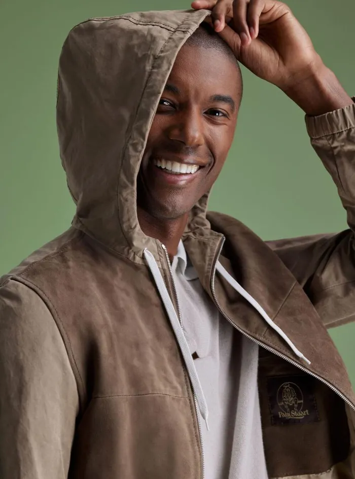 Men Paul Stuart Outerwear Suede Front Hooded Jacket Putty