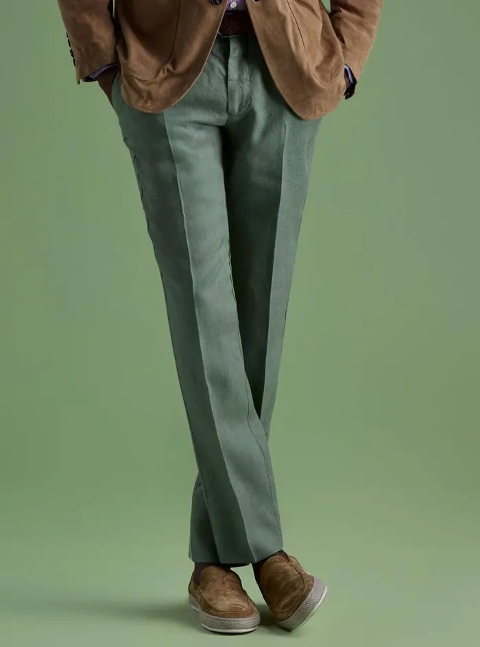 Men Paul Stuart Pants Garment Washed Linen Pant Olive