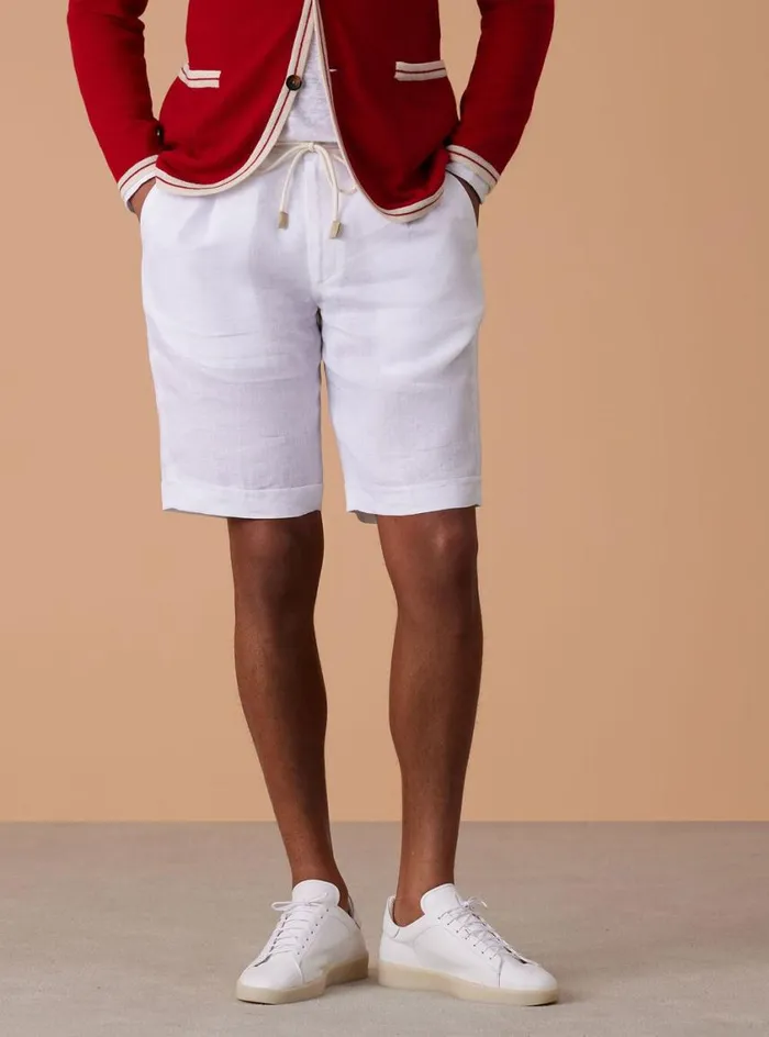 Men Paul Stuart Pants Linen Tucked Pleat Bermuda Short White