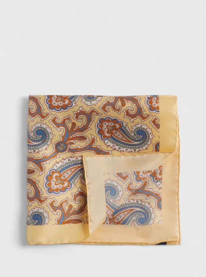 Men Paul Stuart Pocket Squares Printed Silk Paisley Pocket Square Yellow