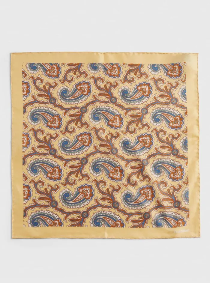 Men Paul Stuart Pocket Squares Printed Silk Paisley Pocket Square Yellow