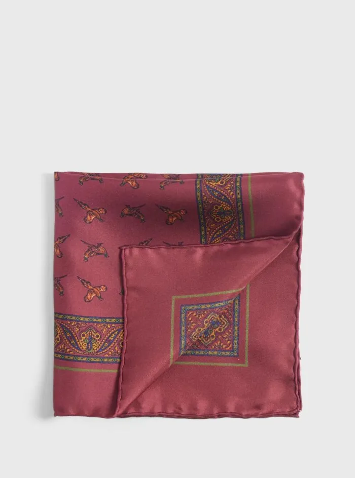 Men Paul Stuart Pocket Squares Silk Deco Stripe And Bird Print Pocket Square Burgundy