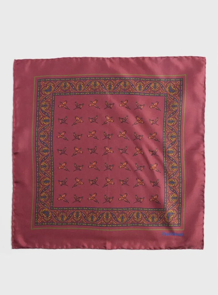 Men Paul Stuart Pocket Squares Silk Deco Stripe And Bird Print Pocket Square Burgundy