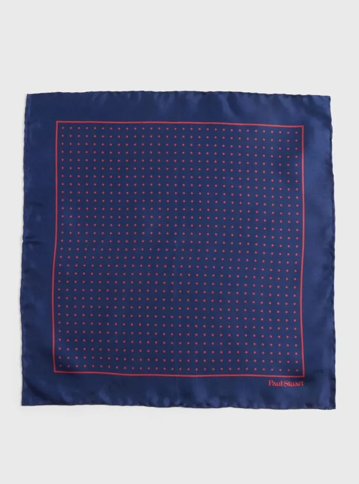 Men Paul Stuart Pocket Squares Silk Twill Dot Print Pocket Square Navyred