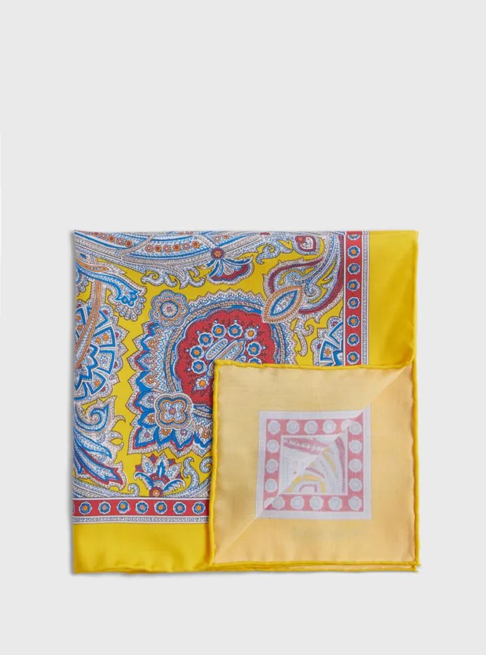 Men Paul Stuart Pocket Squares Silk Twill Paisley Pocket Square Yellow