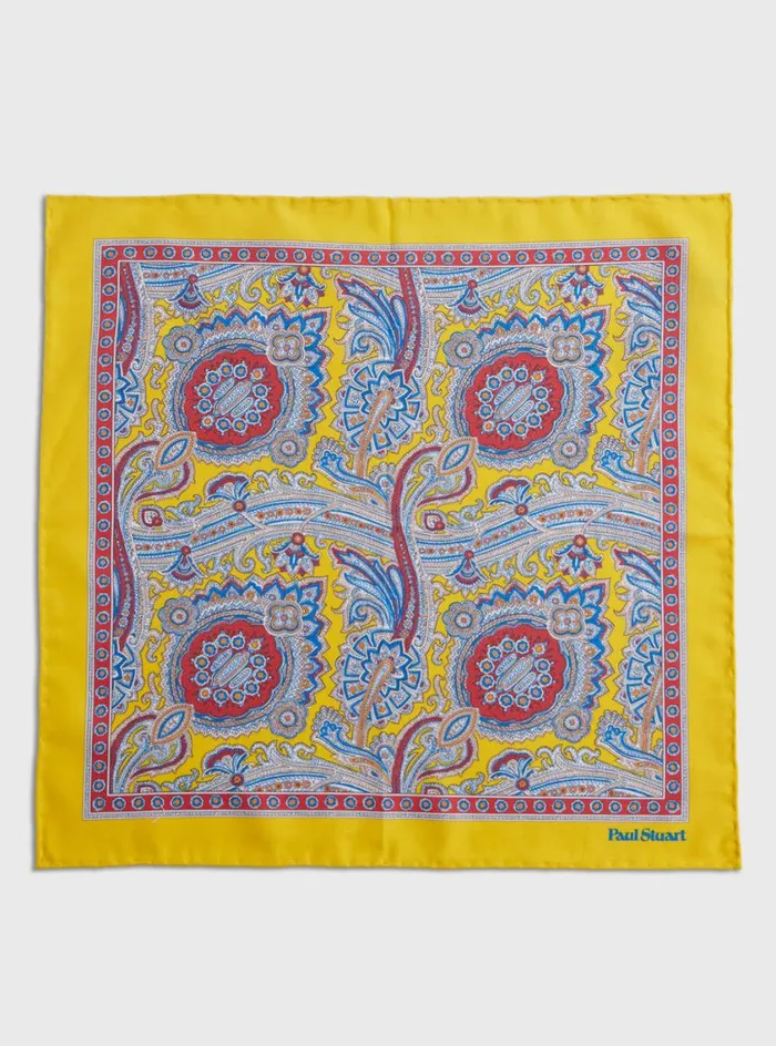 Men Paul Stuart Pocket Squares Silk Twill Paisley Pocket Square Yellow